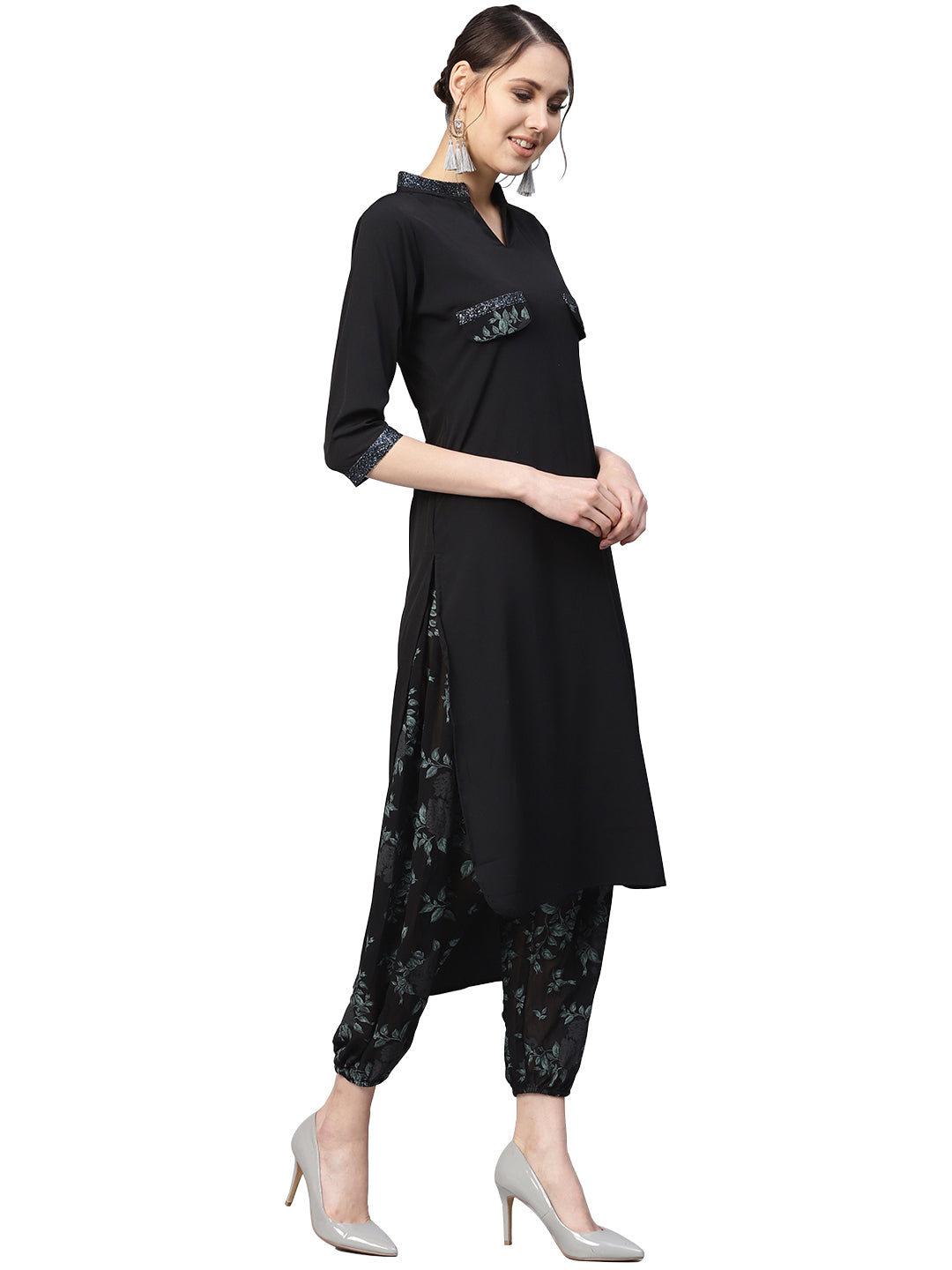 Black & Green Solid Kurta with Harem Pants