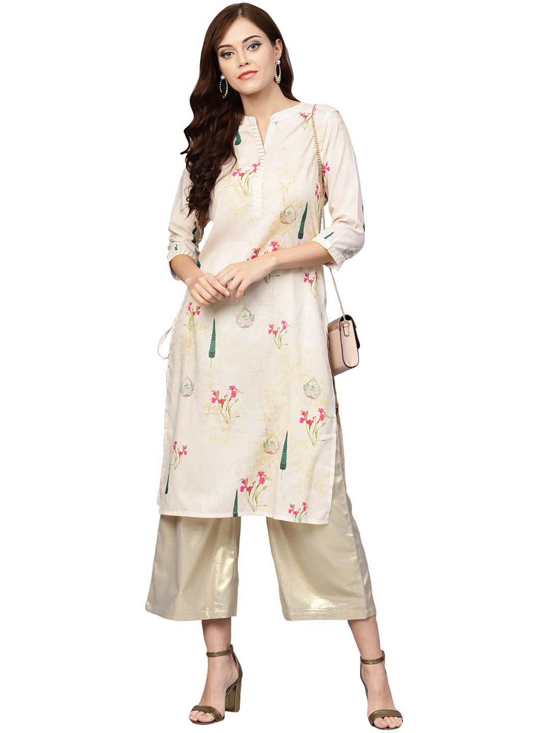 Beige Printed Straight Kurta For Women