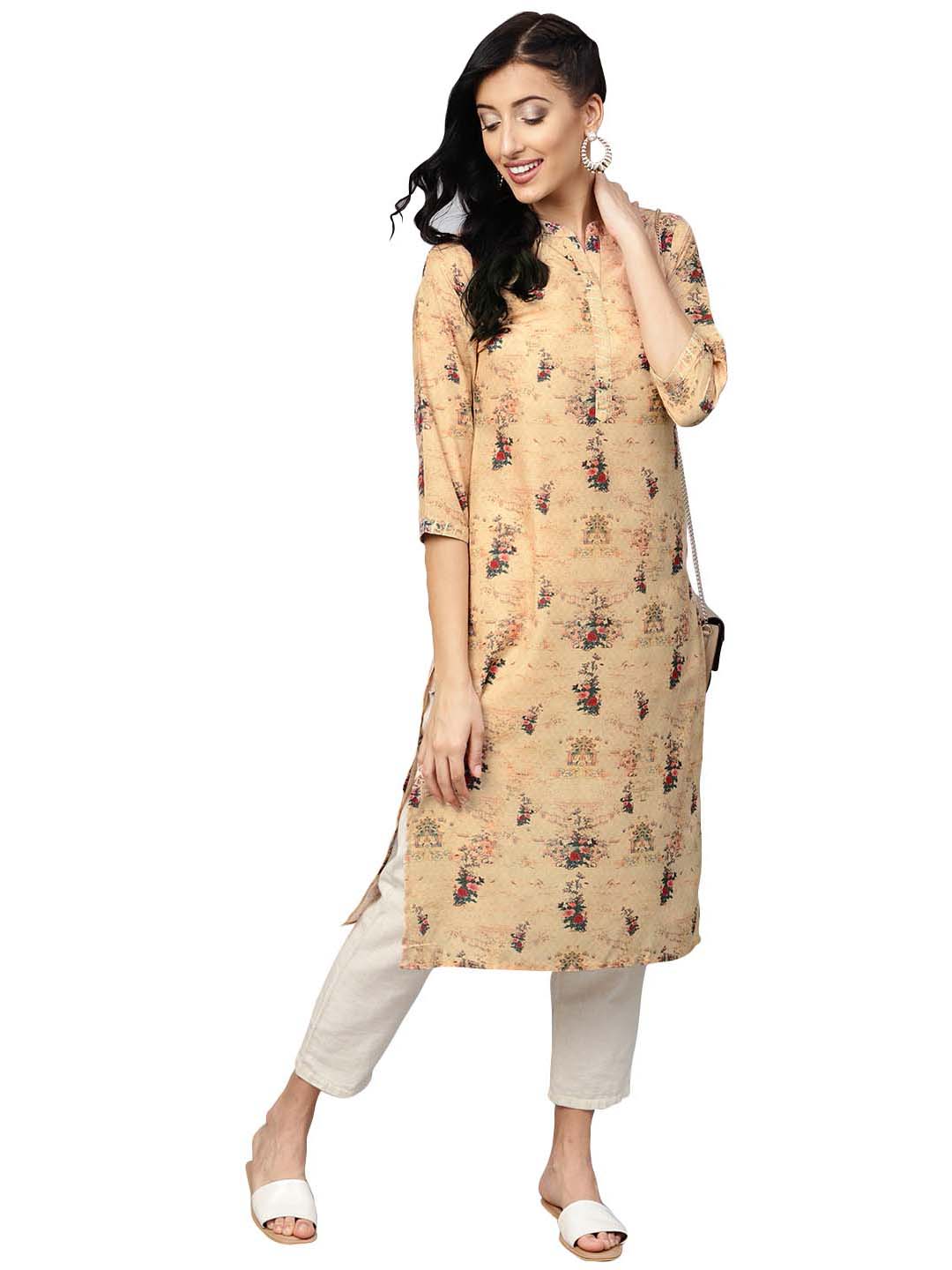 Beige Dusty Print Straight Kurta For Women