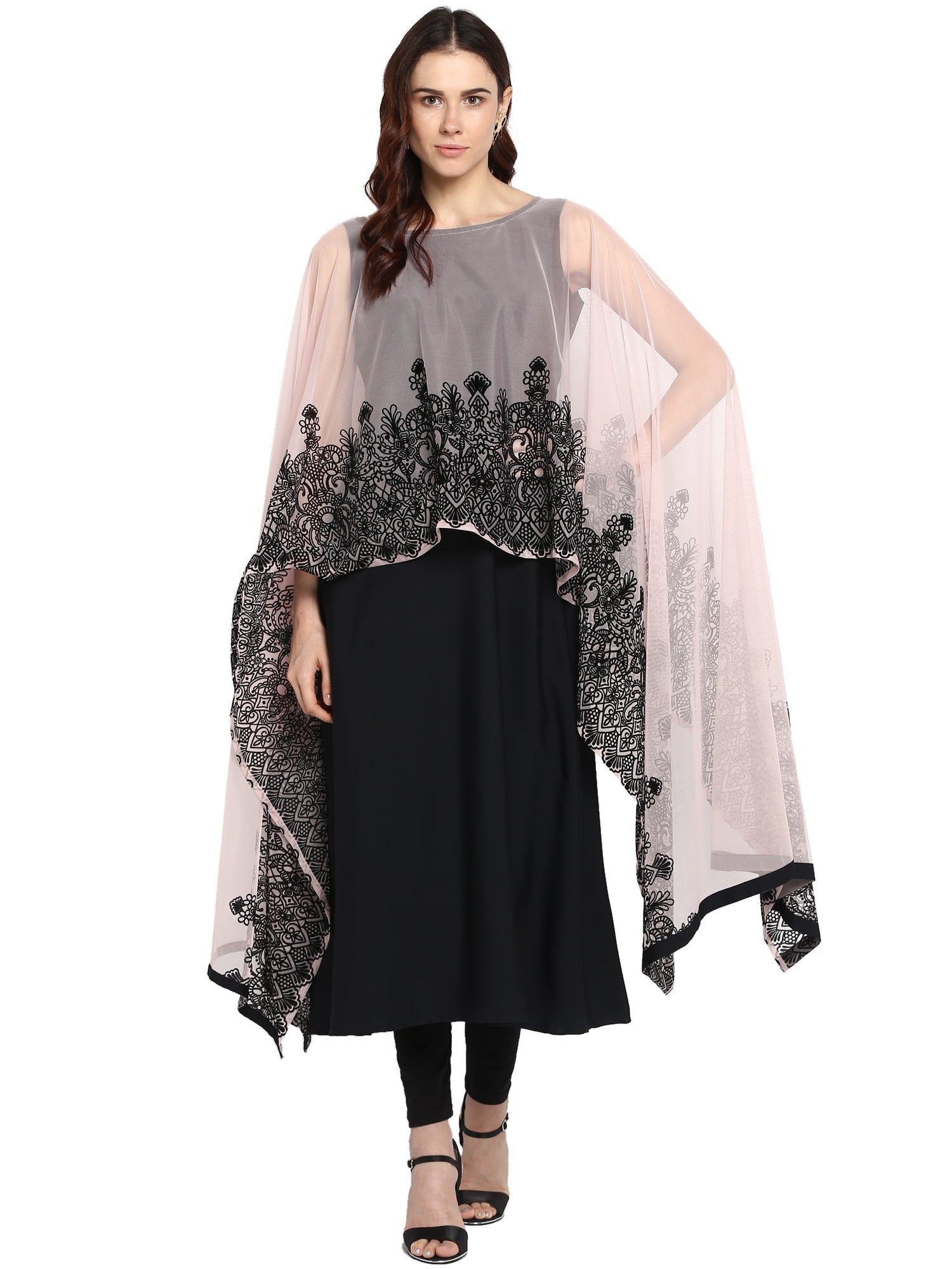 Black & Pink Embellished A-Line Kurta