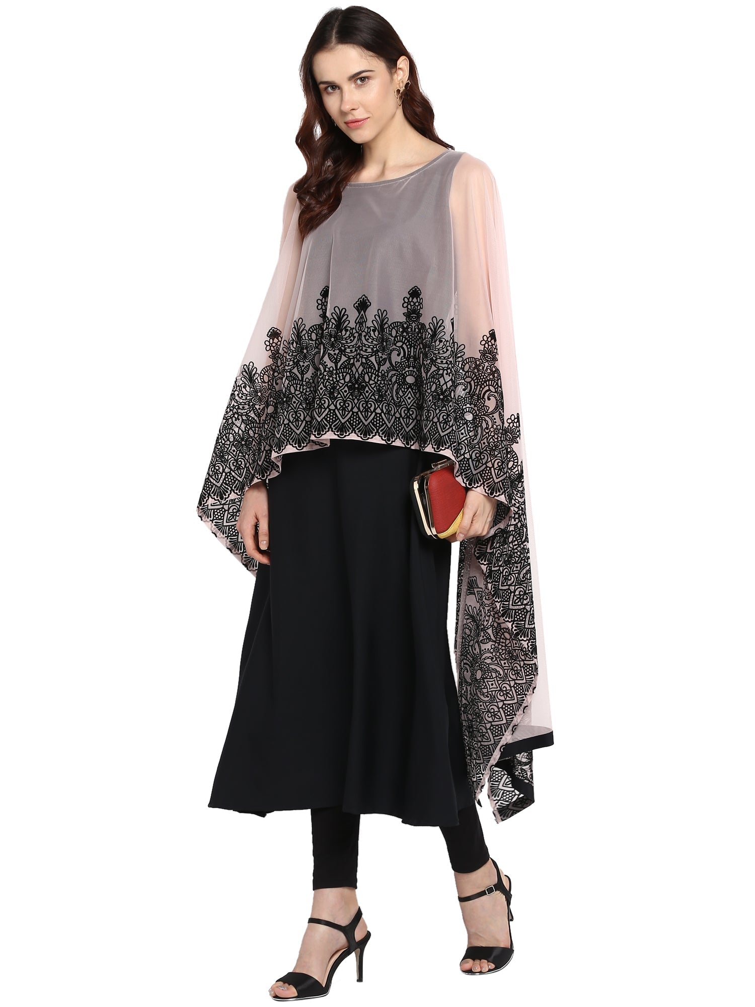 Black & Pink Embellished A-Line Kurta