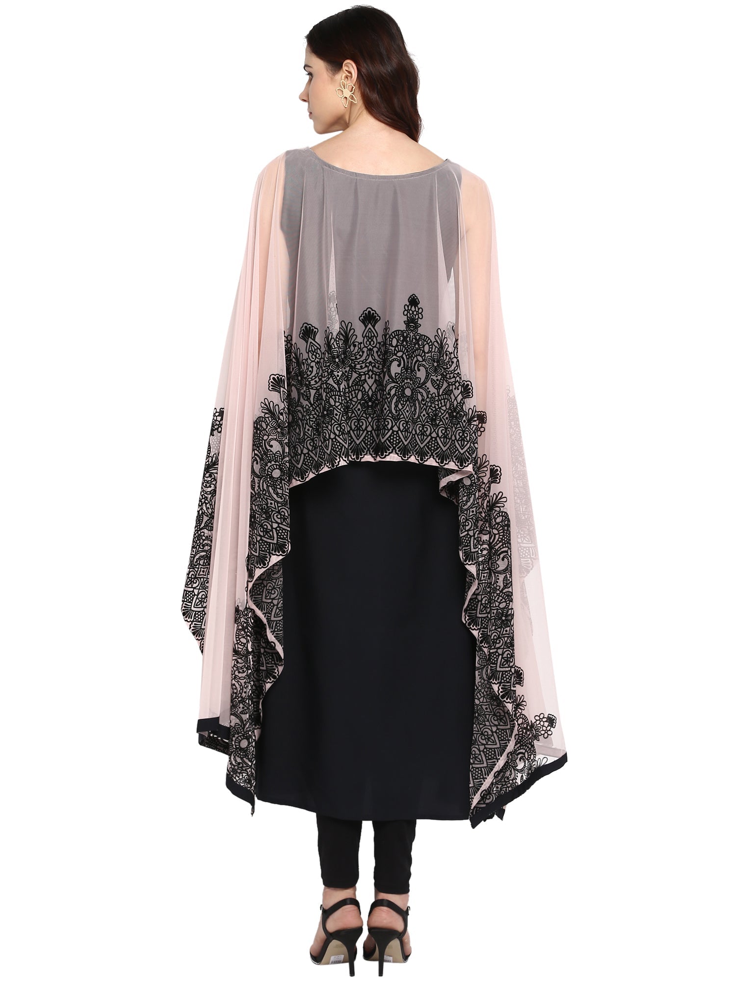 Black & Pink Embellished A-Line Kurta