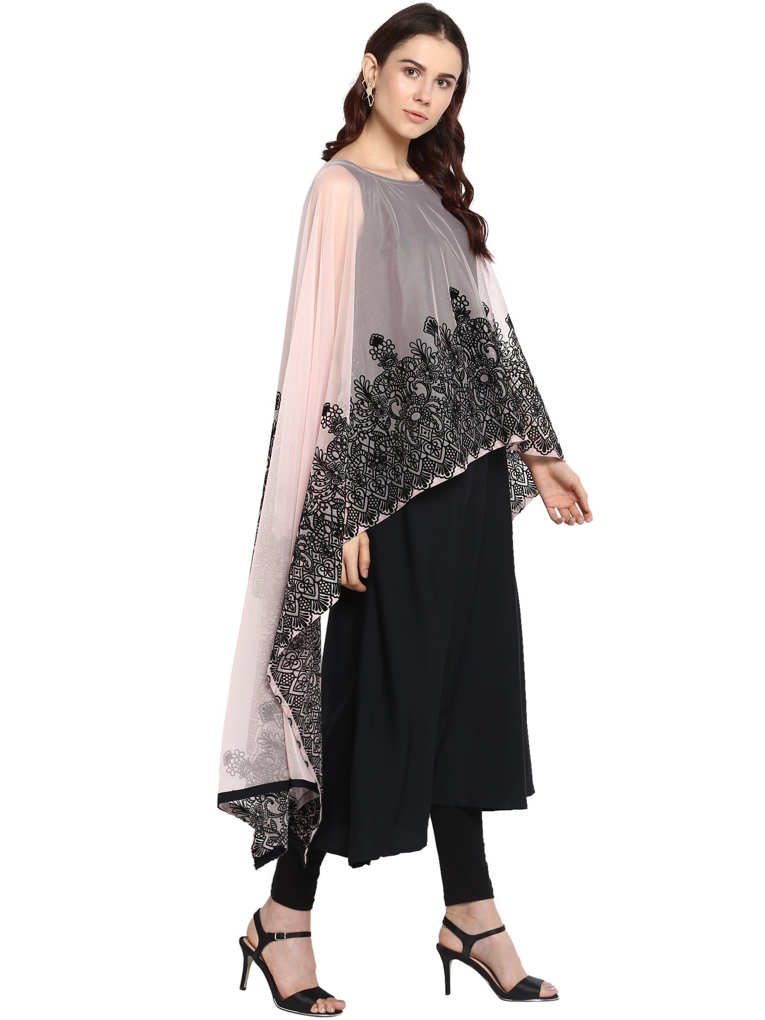 Black & Pink Embellished A-Line Kurta