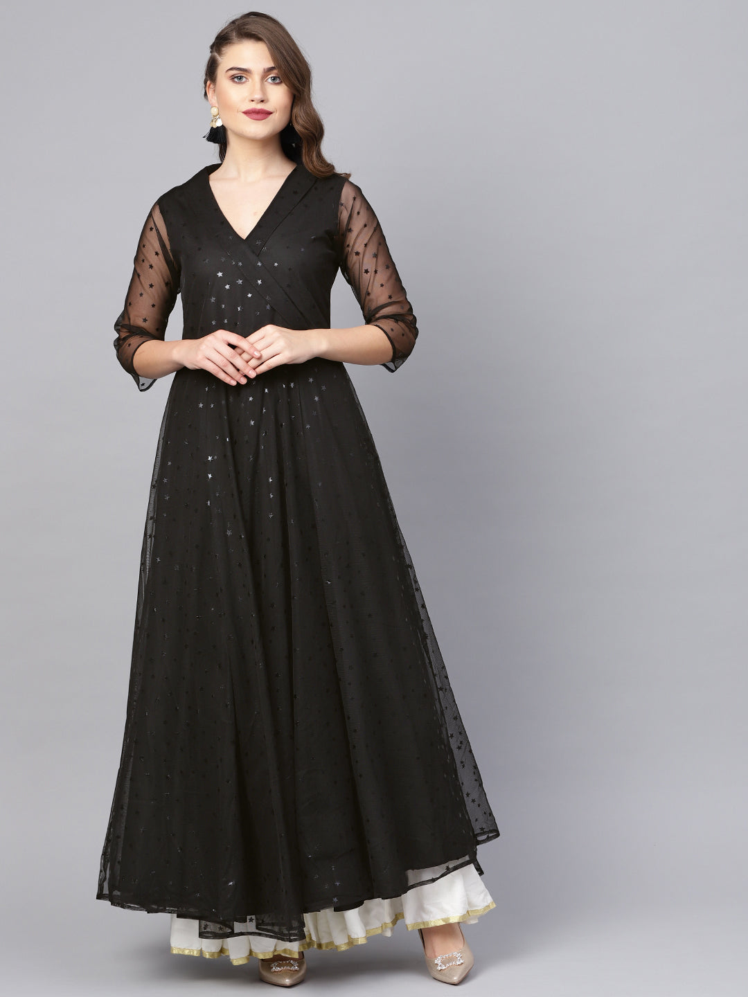 Black Star Foil Print Angrakha Anarkali Kurta