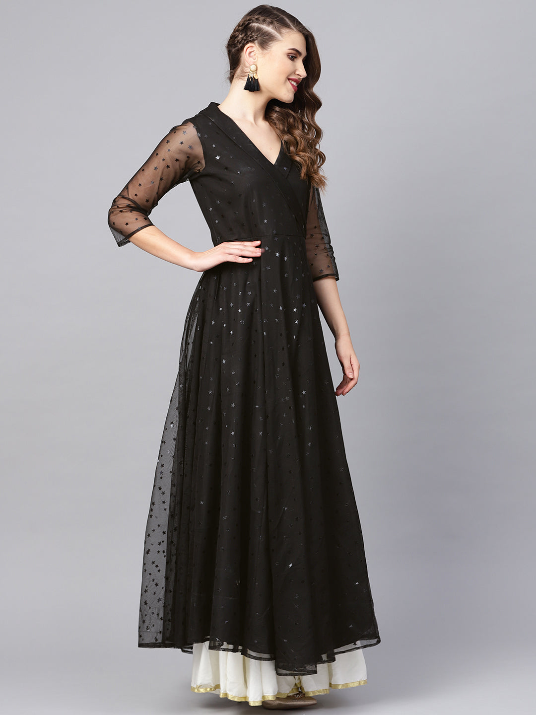 Black Star Foil Print Angrakha Anarkali Kurta