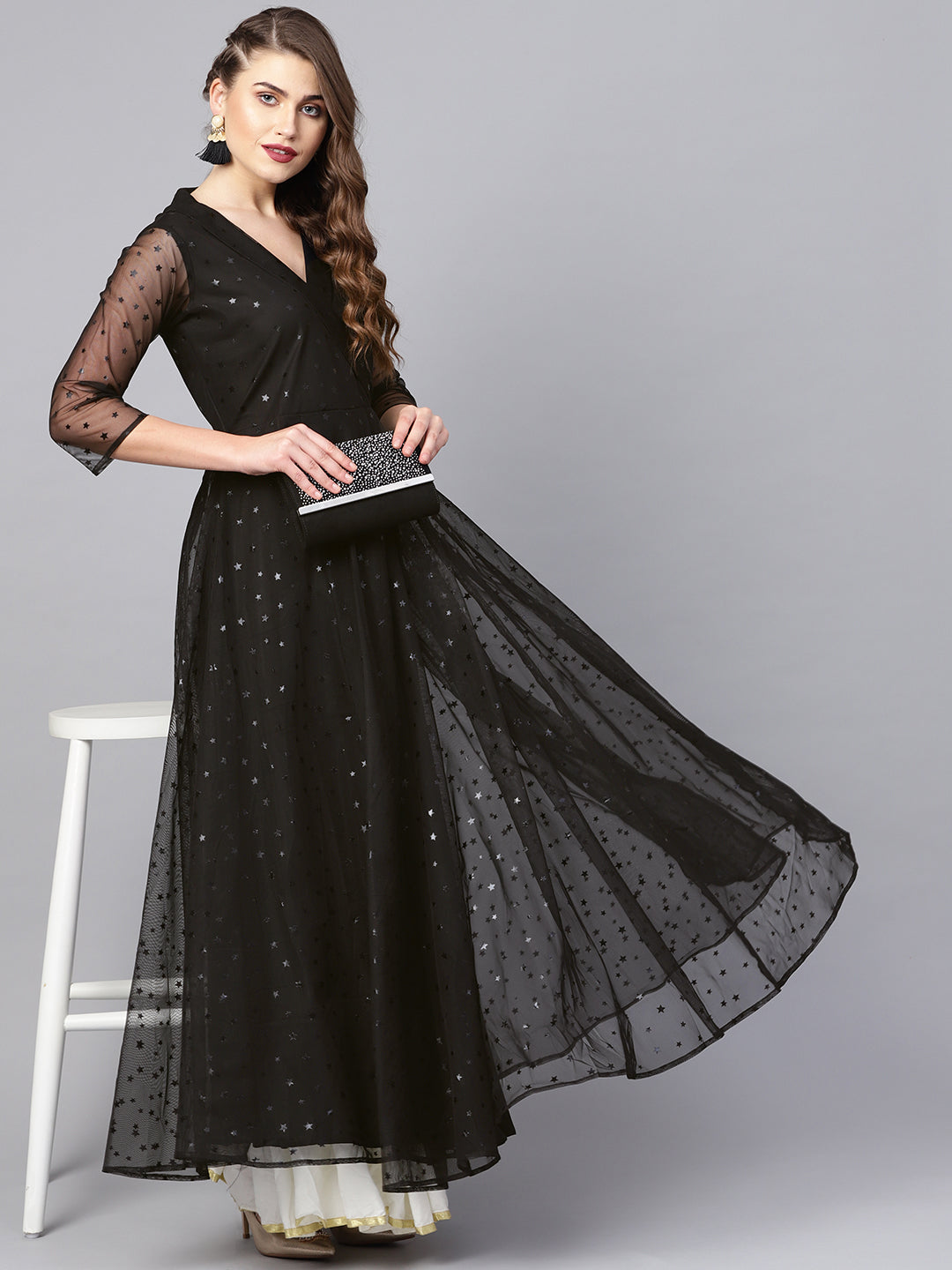 Black Star Foil Print Angrakha Anarkali Kurta