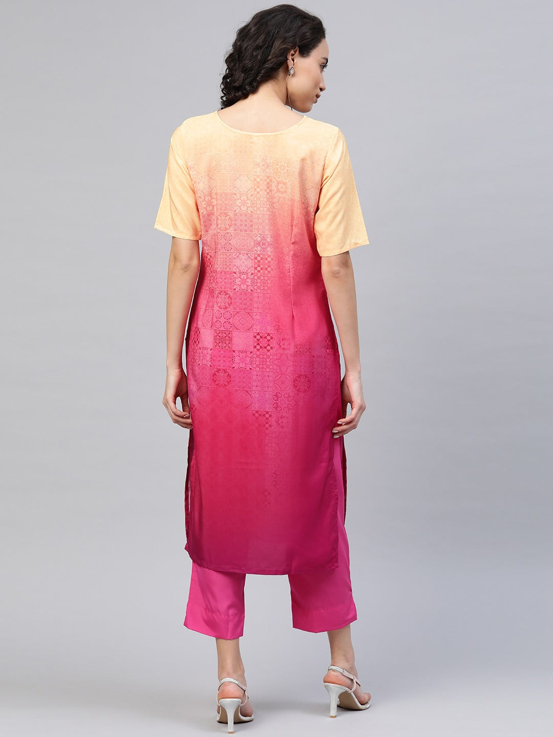 Pink & Golden Ombre Dyed Printed Kurta with Trousers
