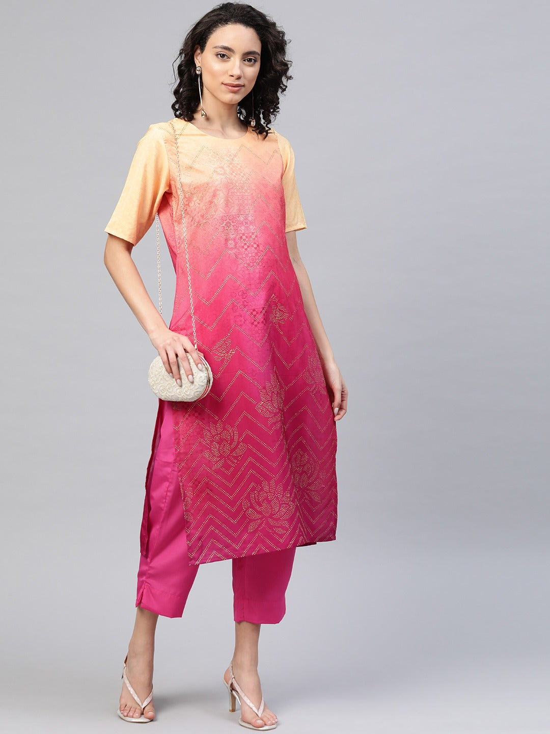 Pink & Golden Ombre Dyed Printed Kurta with Trousers