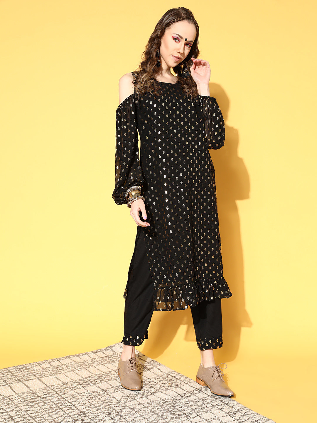 Black & Golden Printed Kurta with Trousers