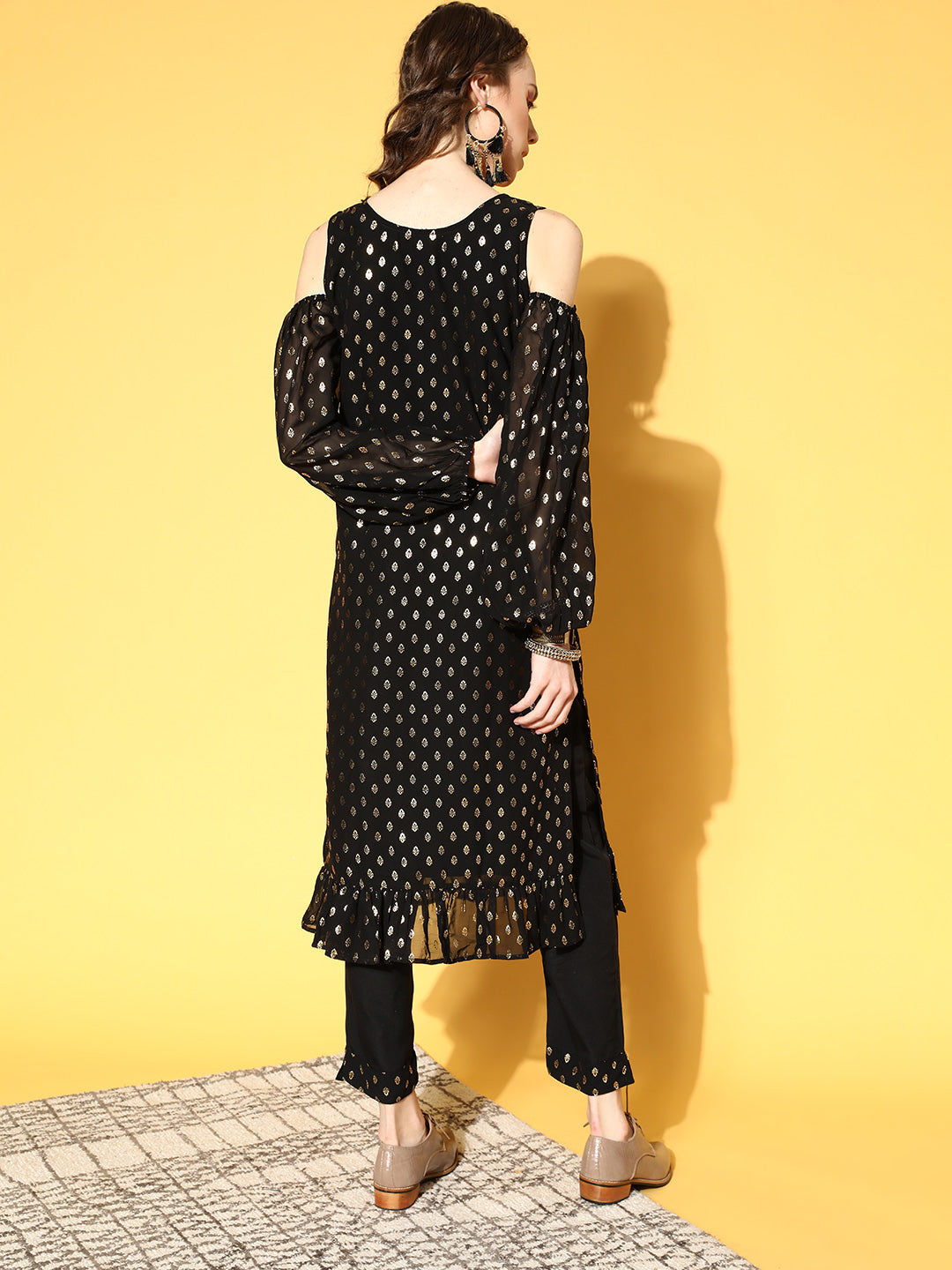 Black & Golden Printed Kurta with Trousers