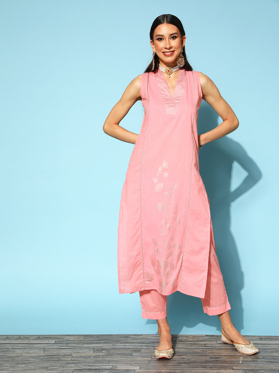 Pink Floral Pure Cotton Top to Toe Fusion Cotton Kurta Set