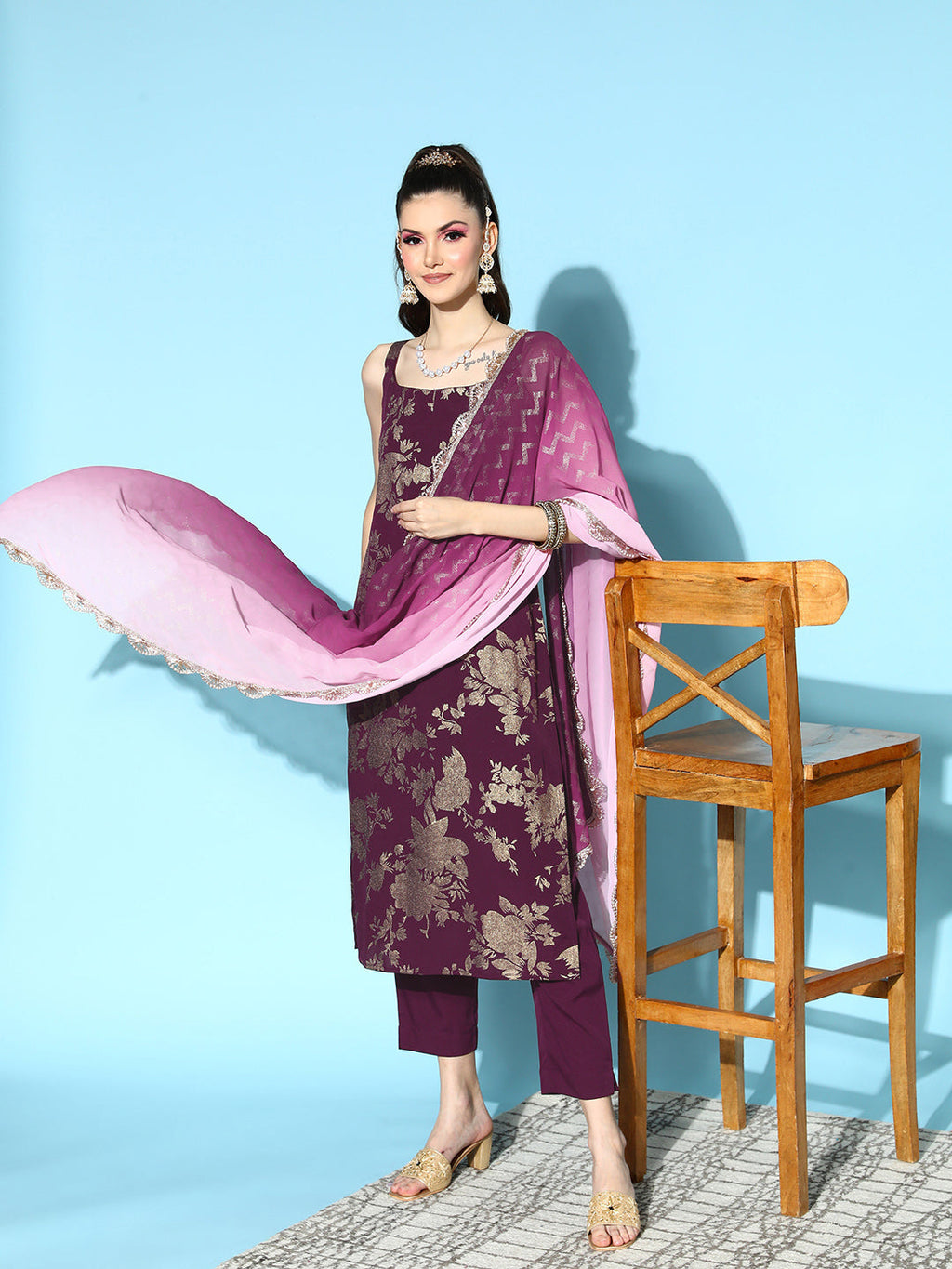 Burgundy Floral Printed Spaghetti Straps Kurta Set-AH