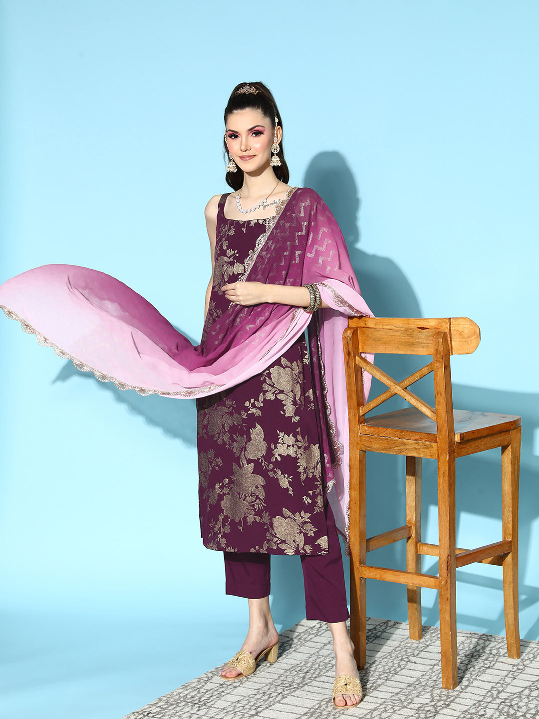 Burgundy Floral Printed Spaghetti Straps Kurta Set-AH