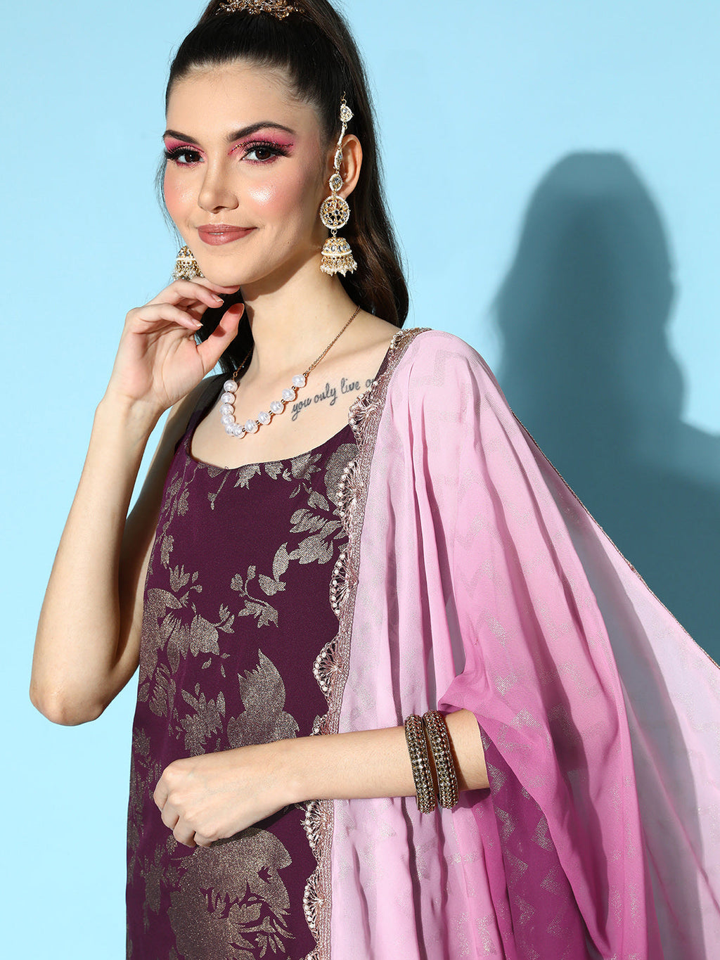 Burgundy Floral Printed Spaghetti Straps Kurta Set-AH