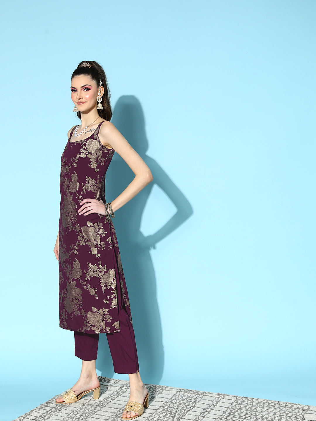 Burgundy Floral Printed Spaghetti Straps Kurta Set