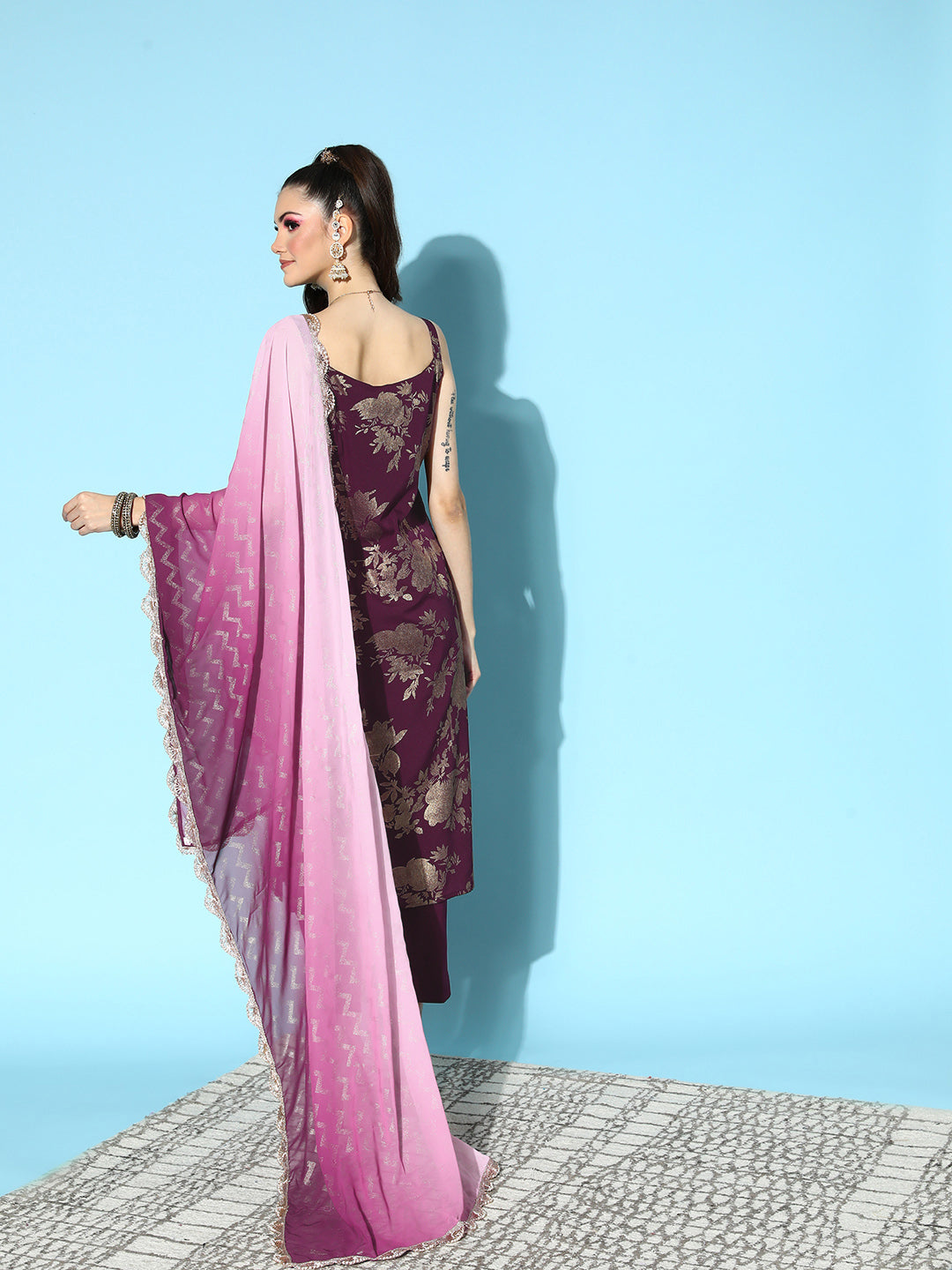 Burgundy Floral Printed Spaghetti Straps Kurta Set-AH