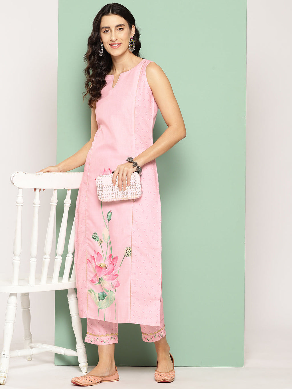 Pink Floral Printed Panelled Gotta Patti Pure Cotton Kurta with Trousers-AH