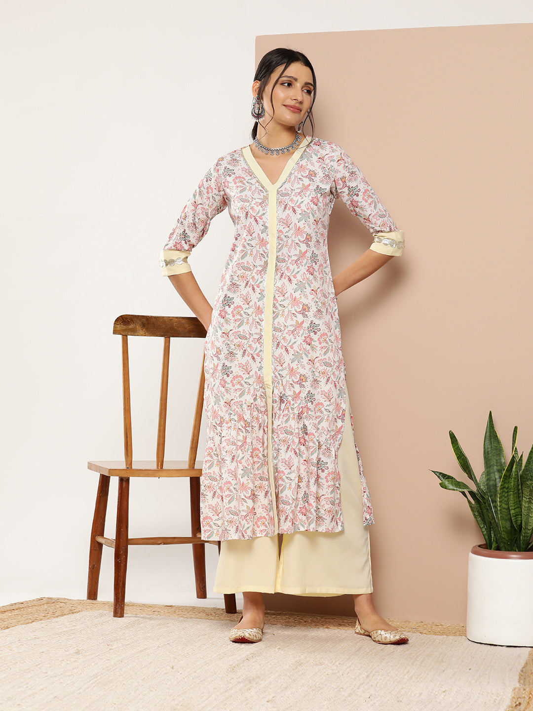 Pink Floral Printed Pleated Gotta Patti Kurta with Palazzos