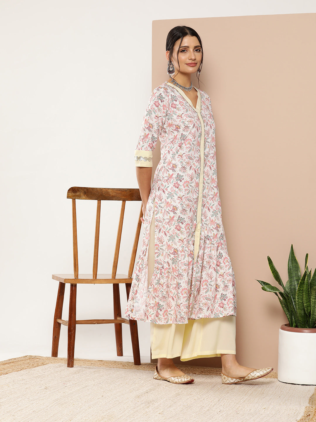 Pink Floral Printed Pleated Gotta Patti Kurta with Palazzos