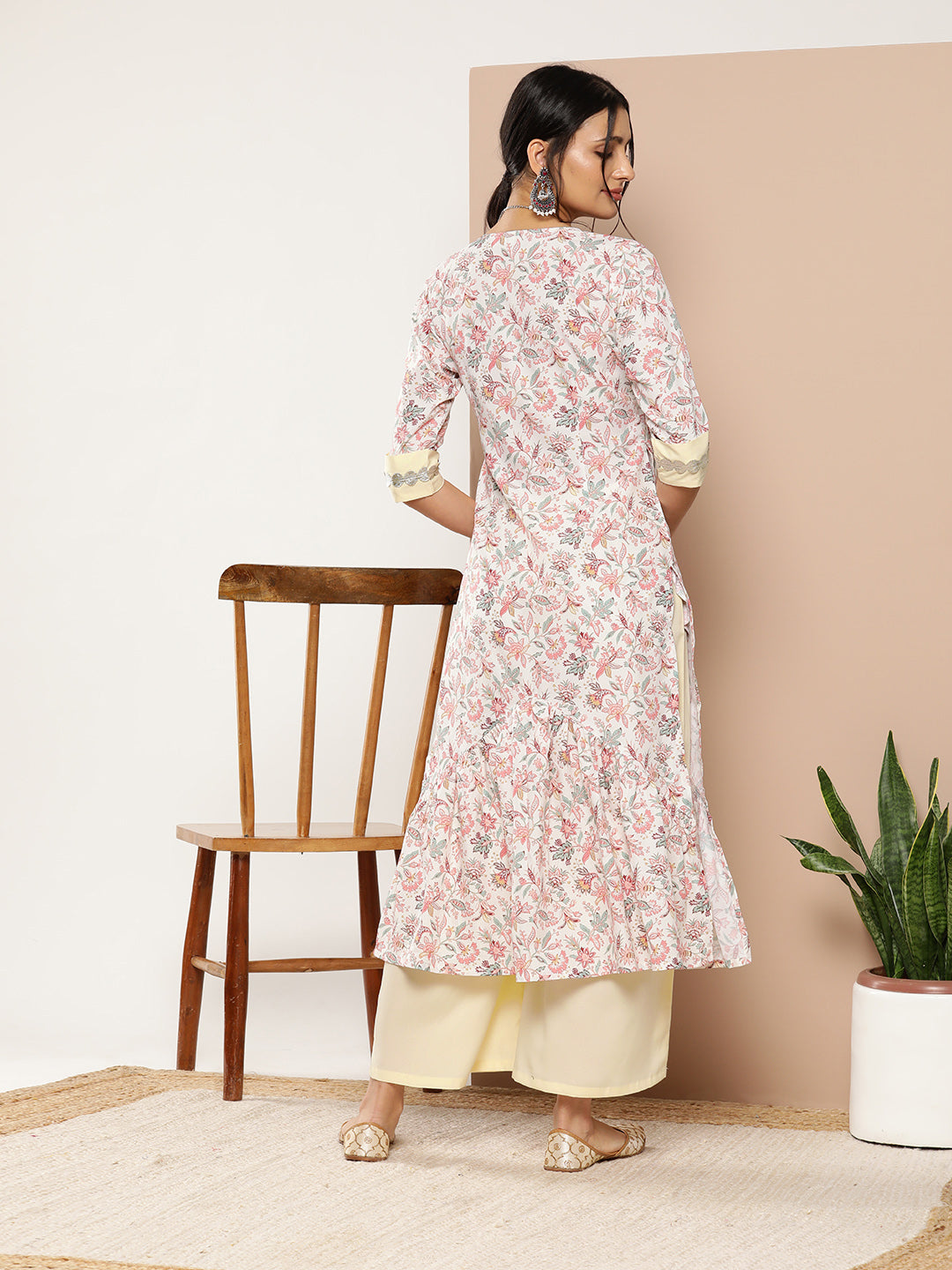 Pink Floral Printed Pleated Gotta Patti Kurta with Palazzos