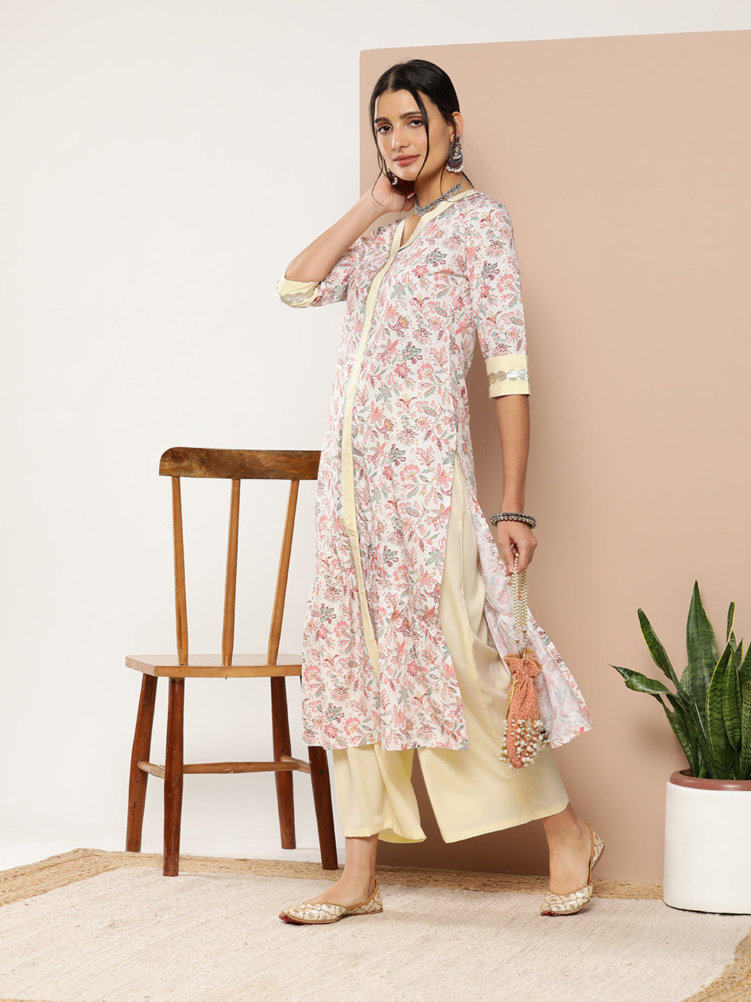 Pink Floral Printed Pleated Gotta Patti Kurta with Palazzos