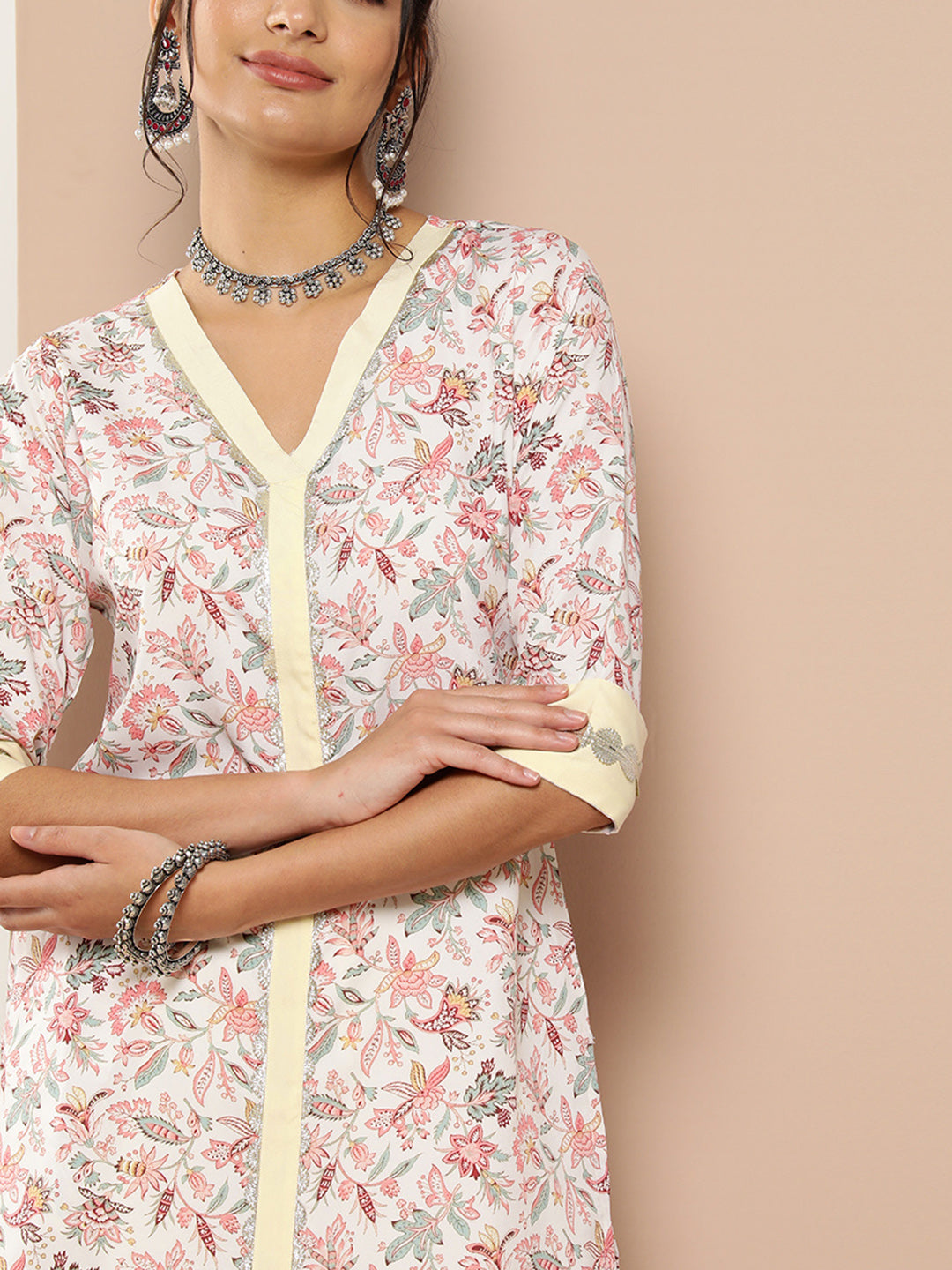 Pink Floral Printed Pleated Gotta Patti Kurta with Palazzos