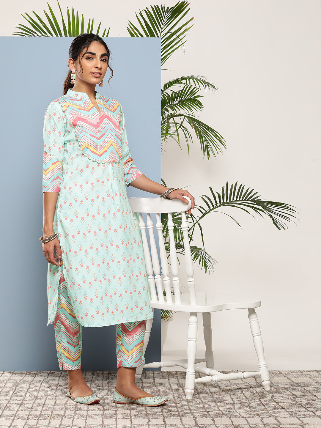 Turquoise Blue Printed Gotta Patti Kurta with Trousers