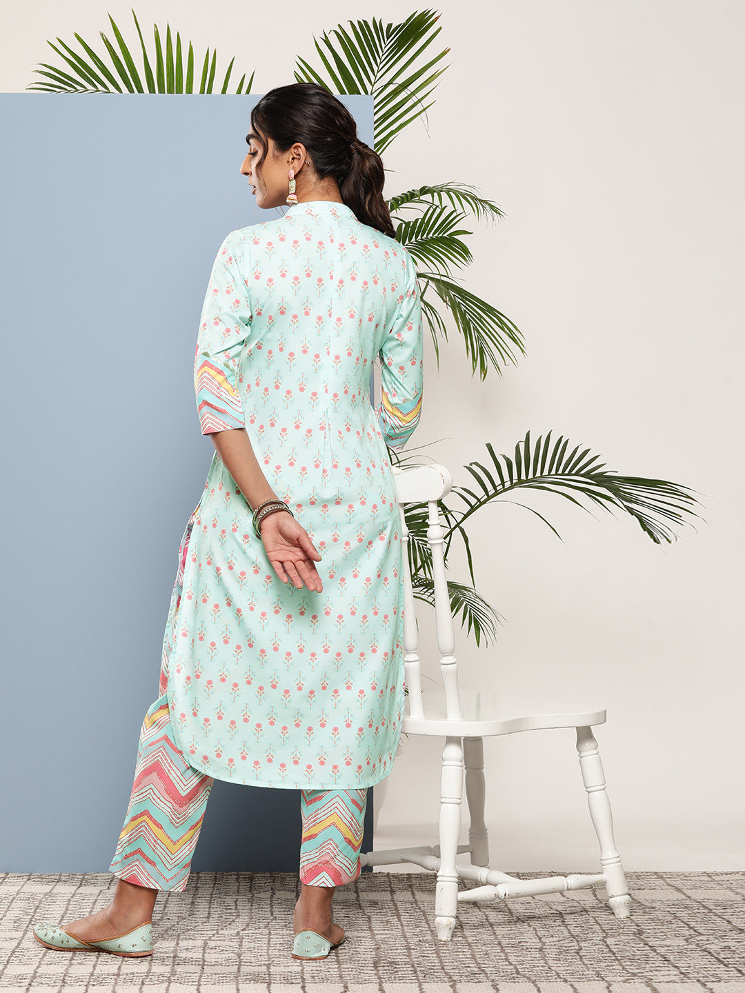 Turquoise Blue Printed Gotta Patti Kurta with Trousers