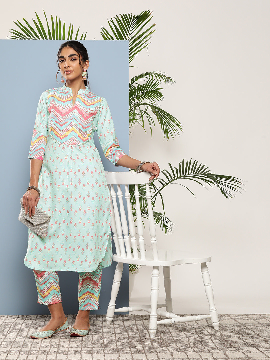 Turquoise Blue Printed Gotta Patti Kurta with Trousers