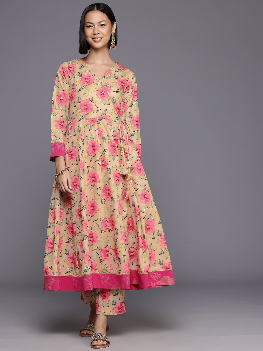 Floral Printed Angrakha Gotta Patti Kurta with Trousers