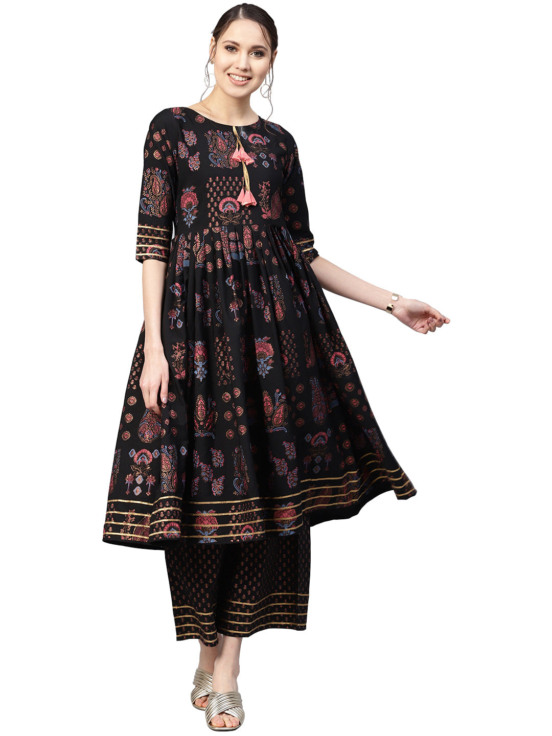 Black Printed A-Line Kurta Set