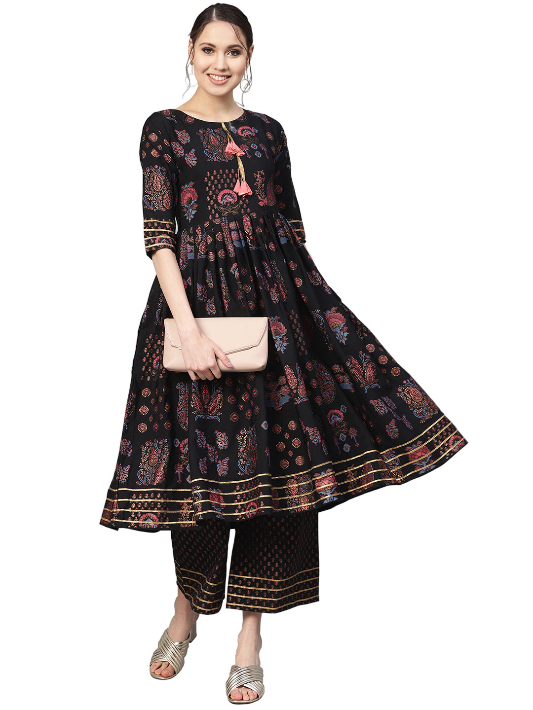 Black Printed A-Line Kurta Set