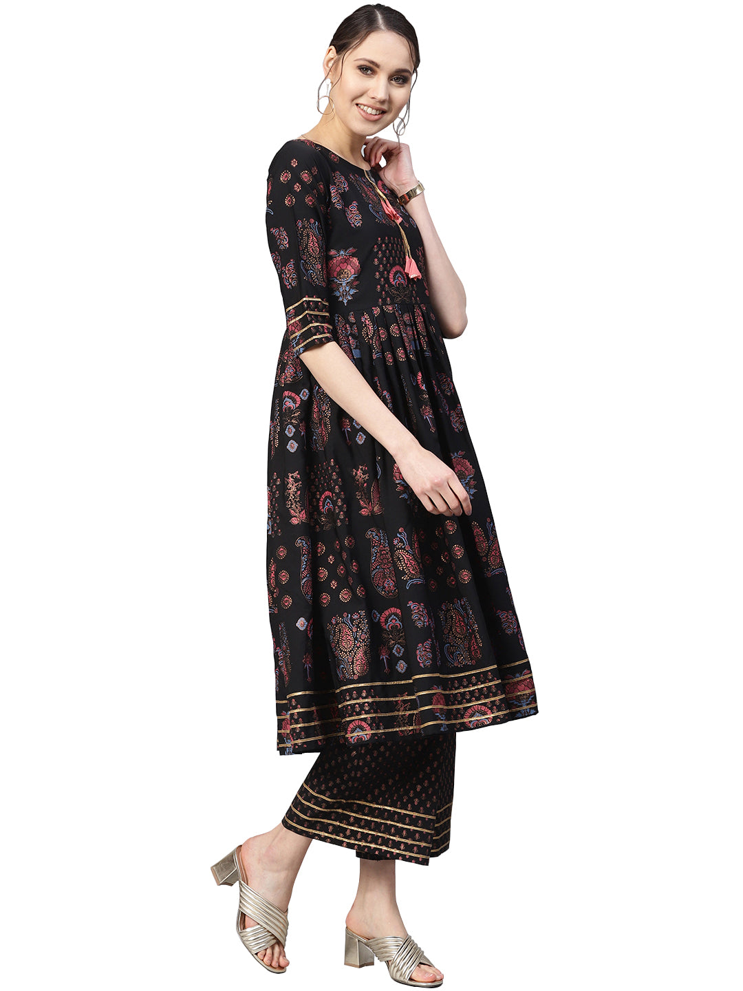 Black Printed A-Line Kurta Set