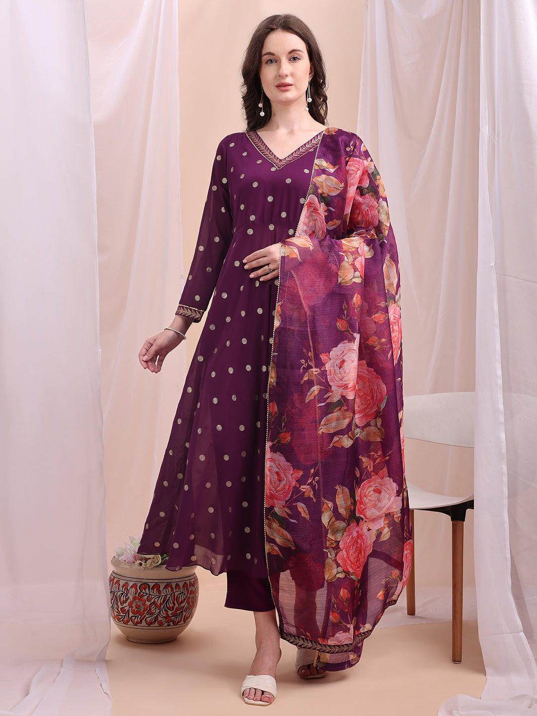 Women Gotta Patti Detailed Kurta with Trousers & Floral Printed Dupatta-AH