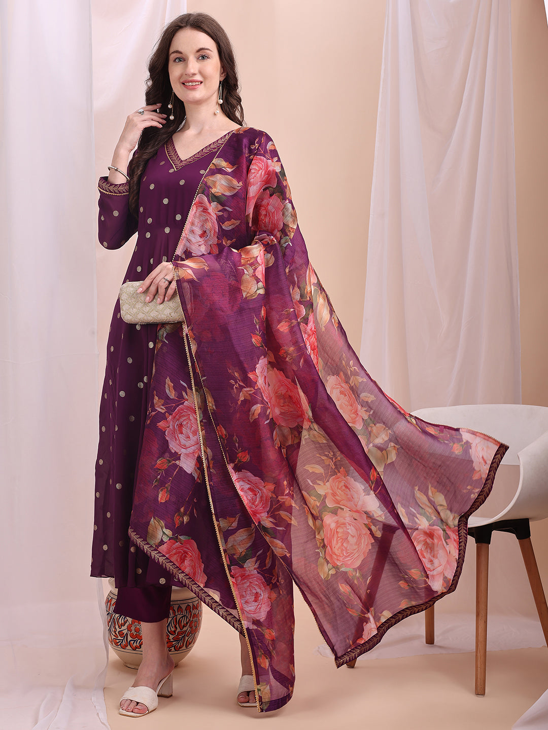 Women Gotta Patti Detailed Kurta with Trousers & Floral Printed Dupatta-AH