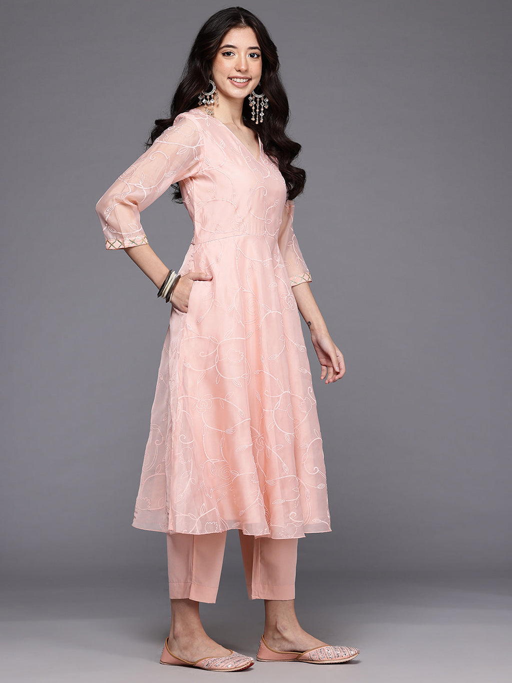 Floral Printed Pleated Thread Work Kurta With Trousers & Dupatta-AH