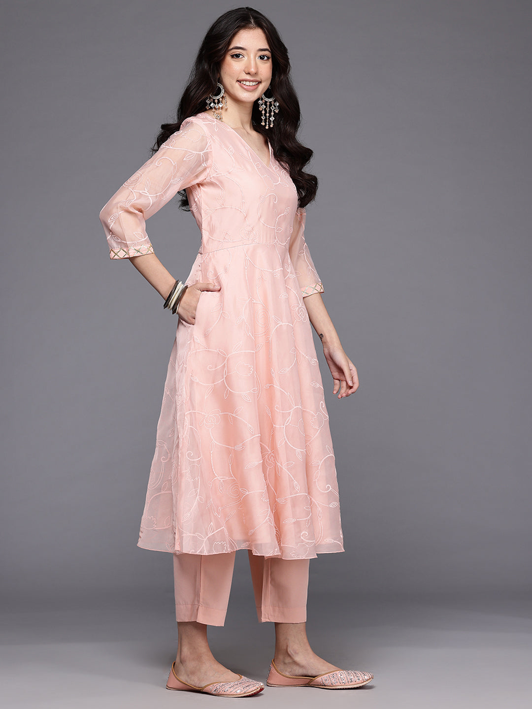 Floral Printed Pleated Thread Work Kurta With Trousers & Dupatta-AH