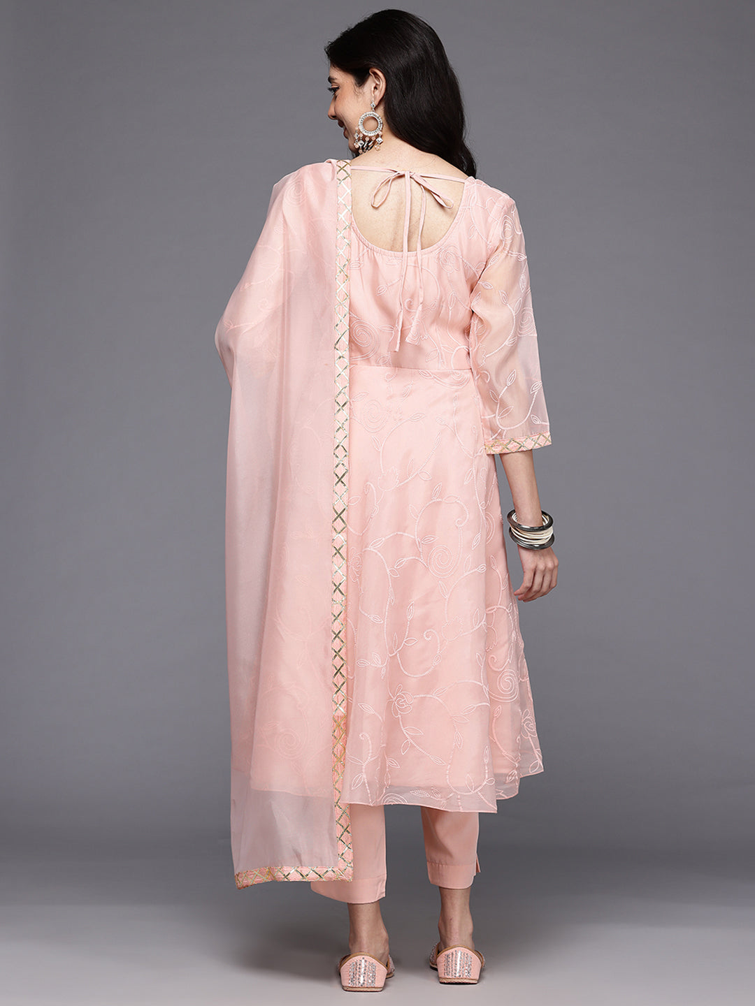 Floral Printed Pleated Thread Work Kurta With Trousers & Dupatta-AH