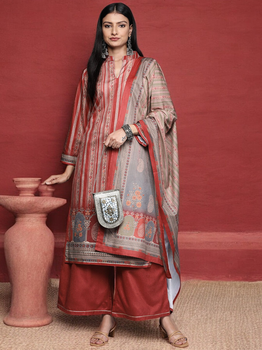 Maroon Printed Gotta Patti Velvet Kurta with Palazzos & With Dupatta