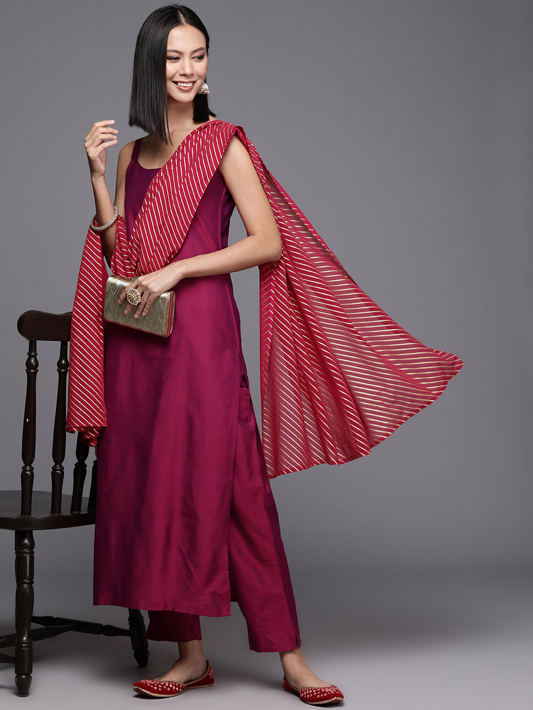 Burgundy Solid Kurta with Trousers & Printed Dupatta