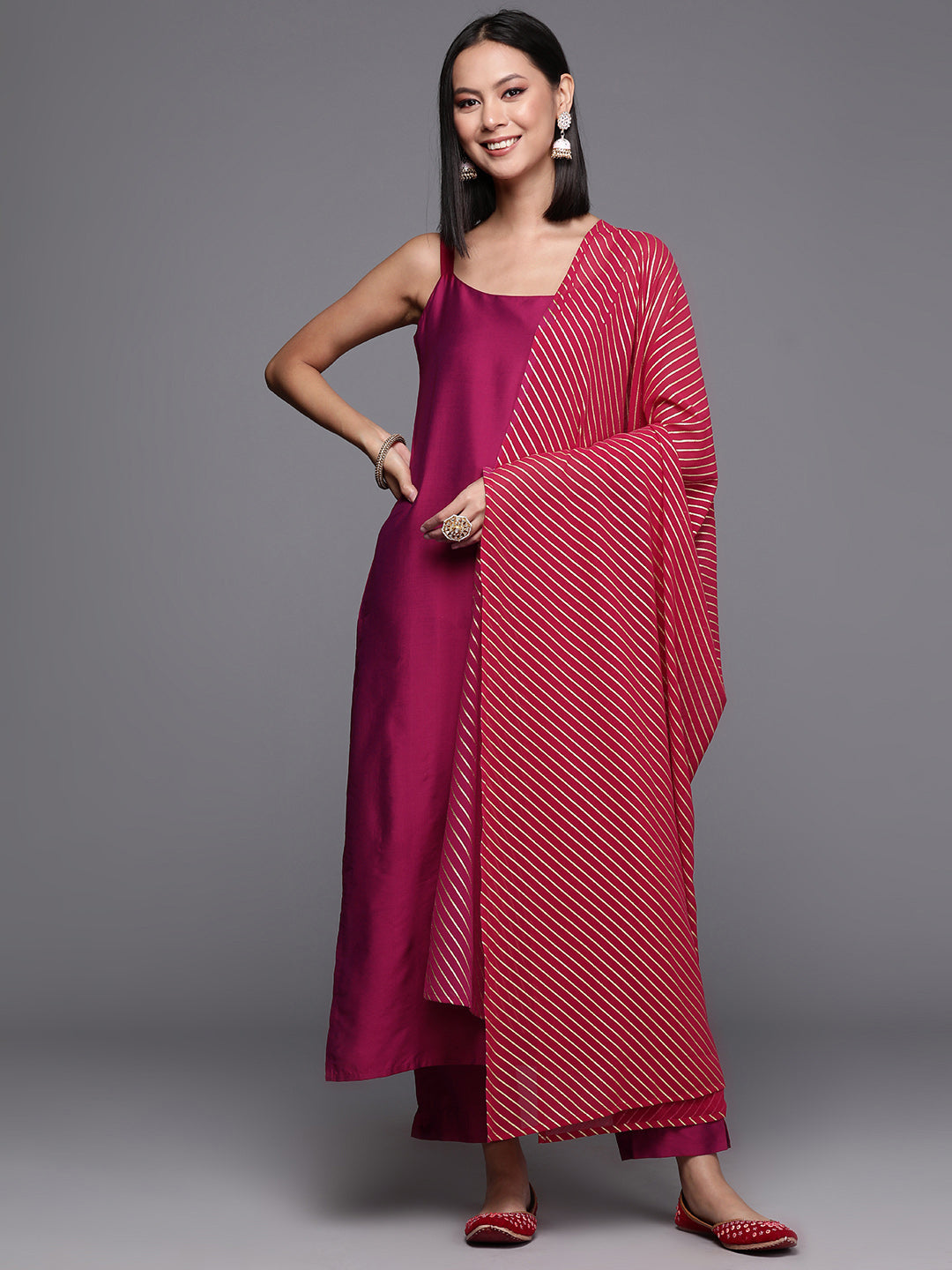 Burgundy Solid Kurta with Trousers & Printed Dupatta