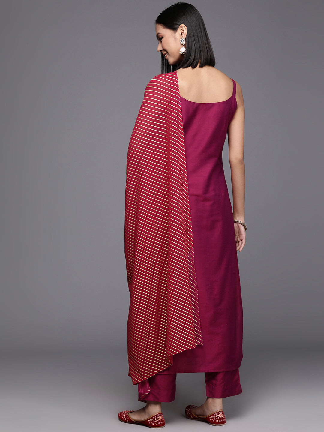 Burgundy Solid Kurta with Trousers & Printed Dupatta