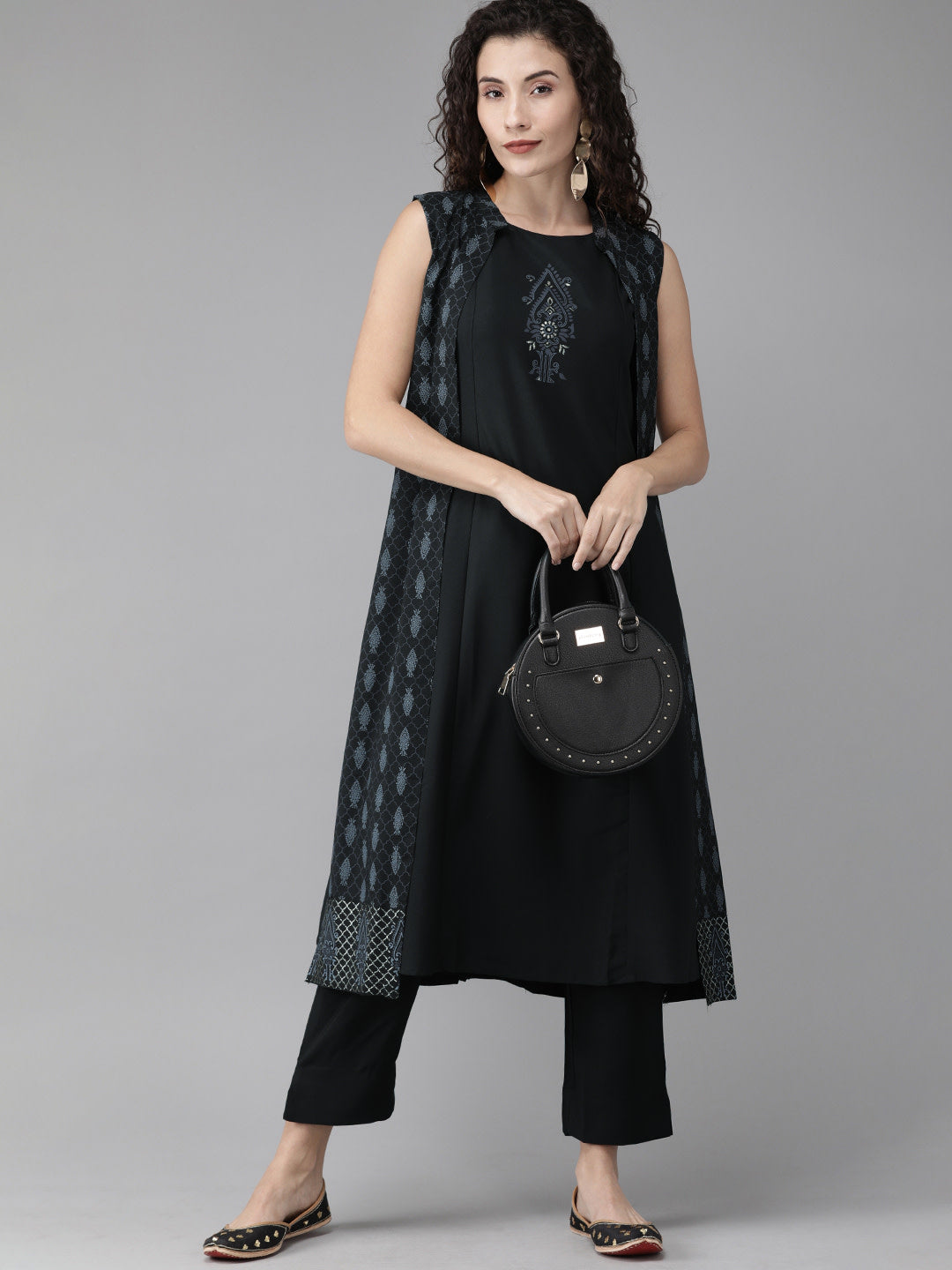 Black Printed Indo Western Set