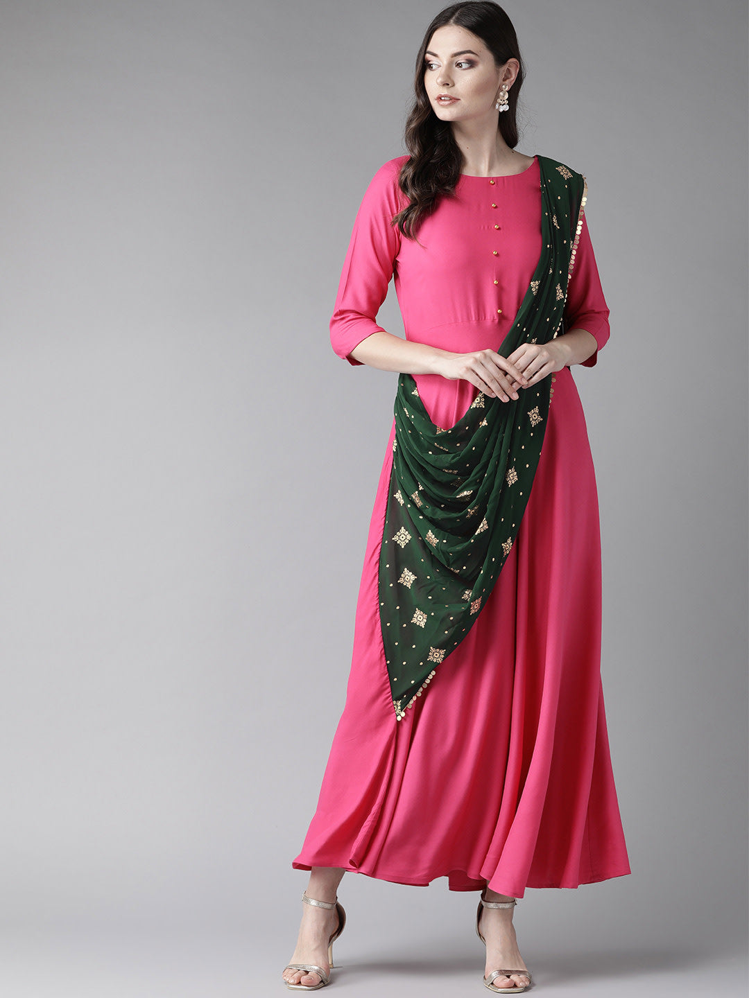 Dark Pink & Green Ethnic Dress