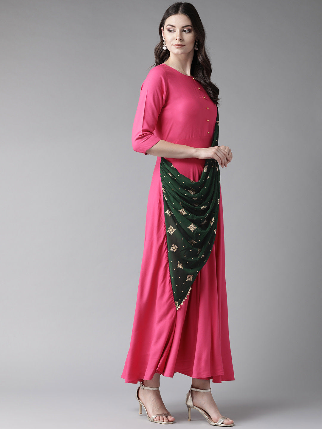 Dark Pink & Green Ethnic Dress