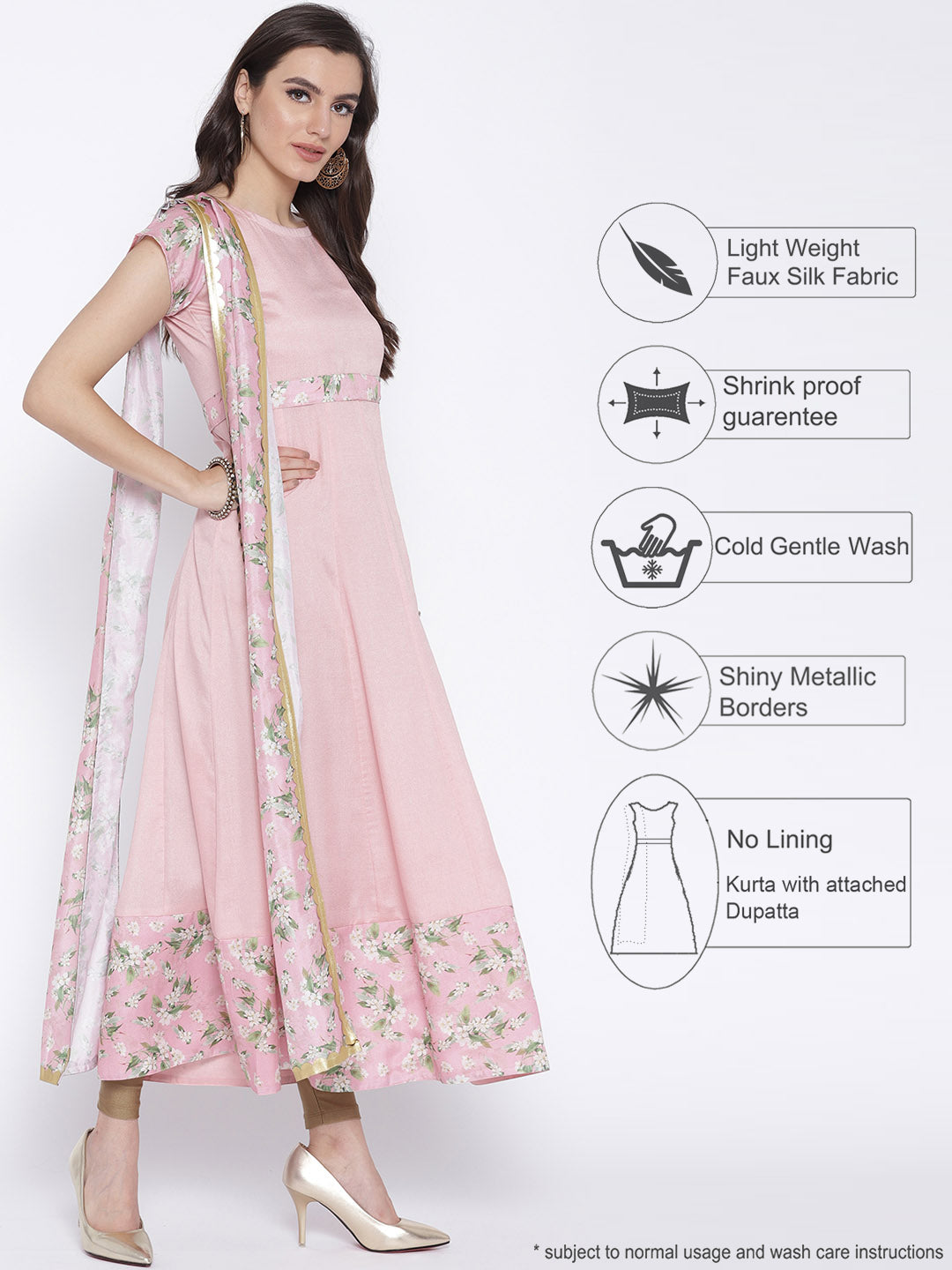 Pink Anarkali Kurta with Attached Printed Dupatta