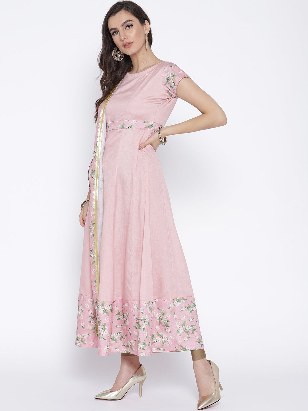 Pink Anarkali Kurta with Attached Printed Dupatta