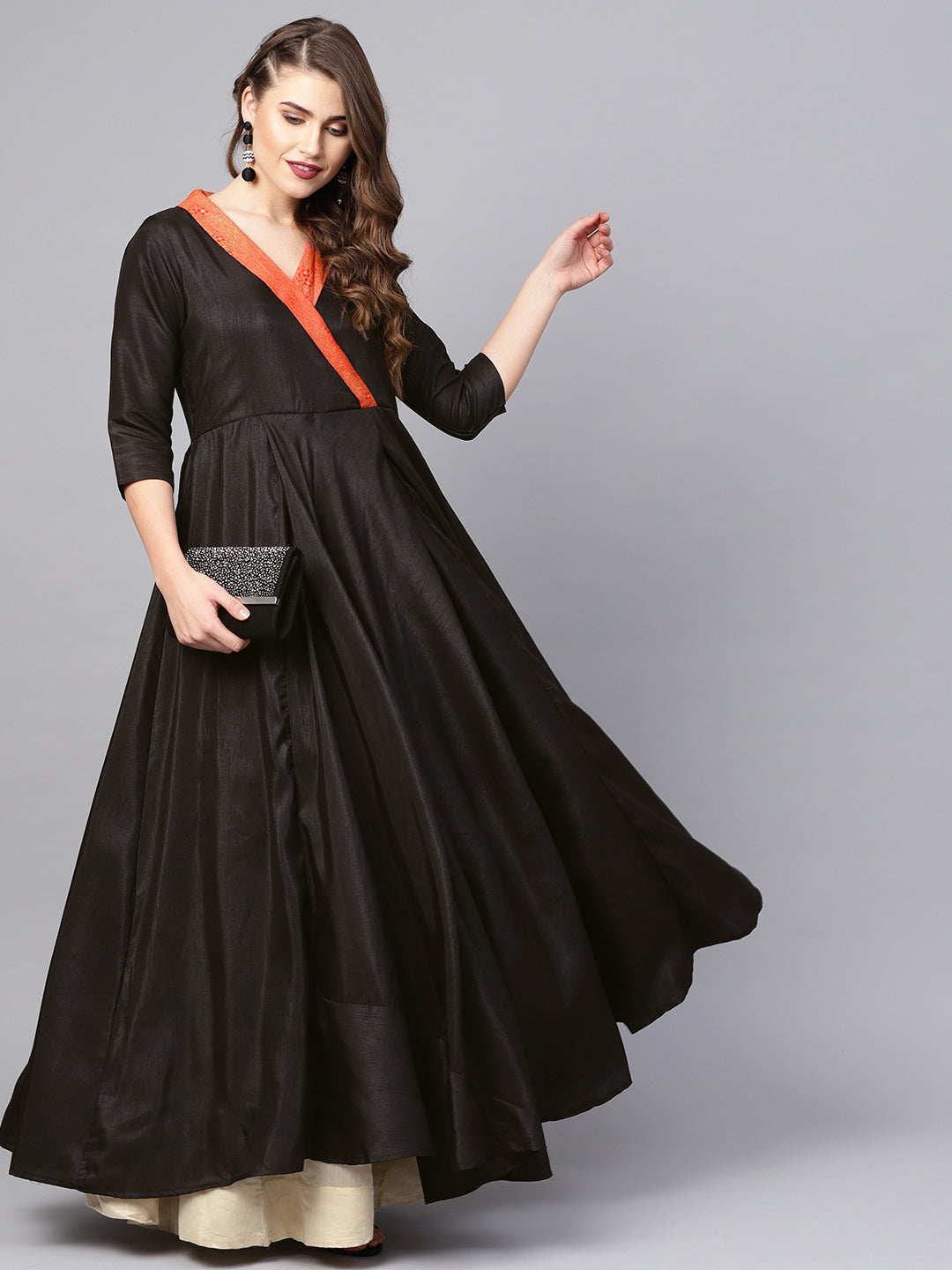 Black Plain A-Line Ethnic Dress