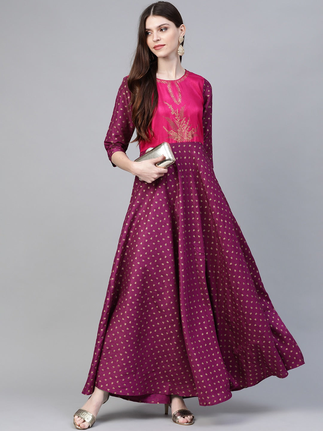 Purple & Golden Screen Printed Maxi Dress
