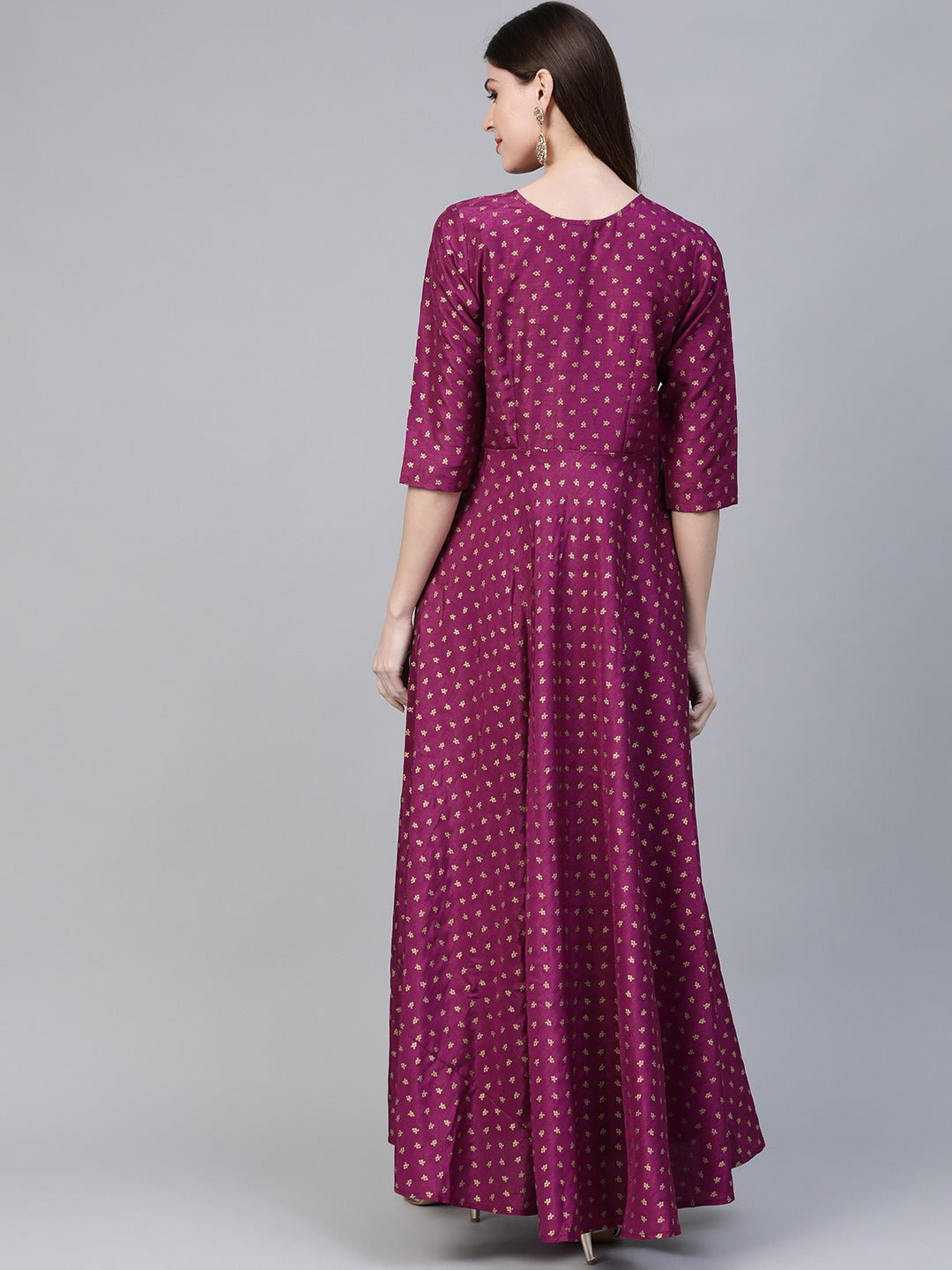 Purple & Golden Screen Printed Maxi Dress